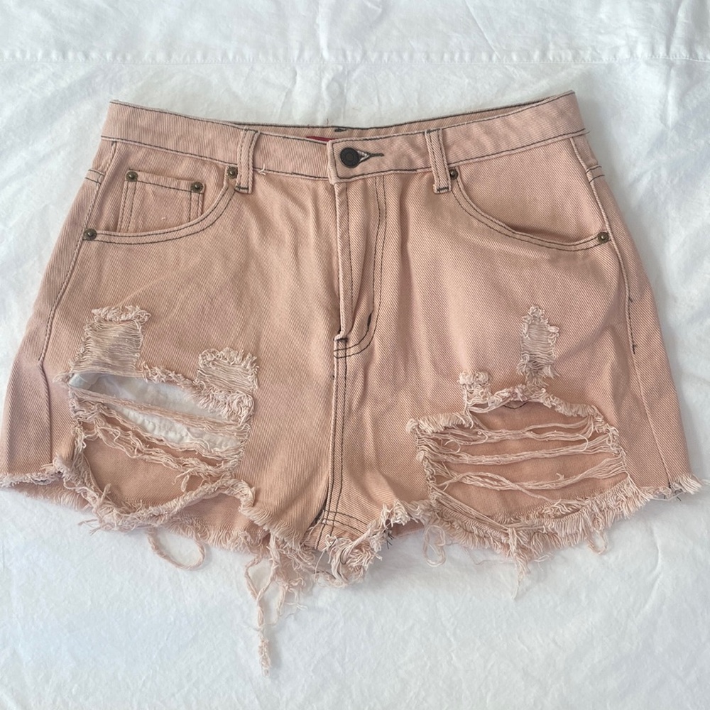 Light Pink Distressed Denim Shorts